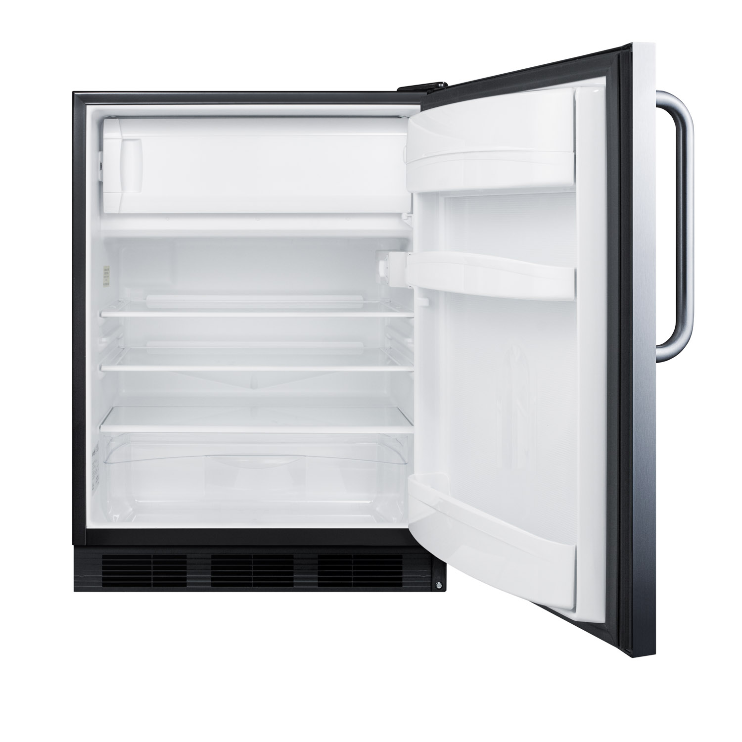 Built-in undercounter ADA compliant refrigerator-freezer for general purpose use, w/dual evaporator cooling, cycle defrost, SS door, TB handle, black cabinet